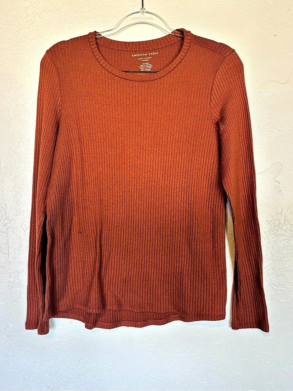 American Eagle Soft & Sexy Plush Ribbed Long Sleeve T-Shirt Brown Small